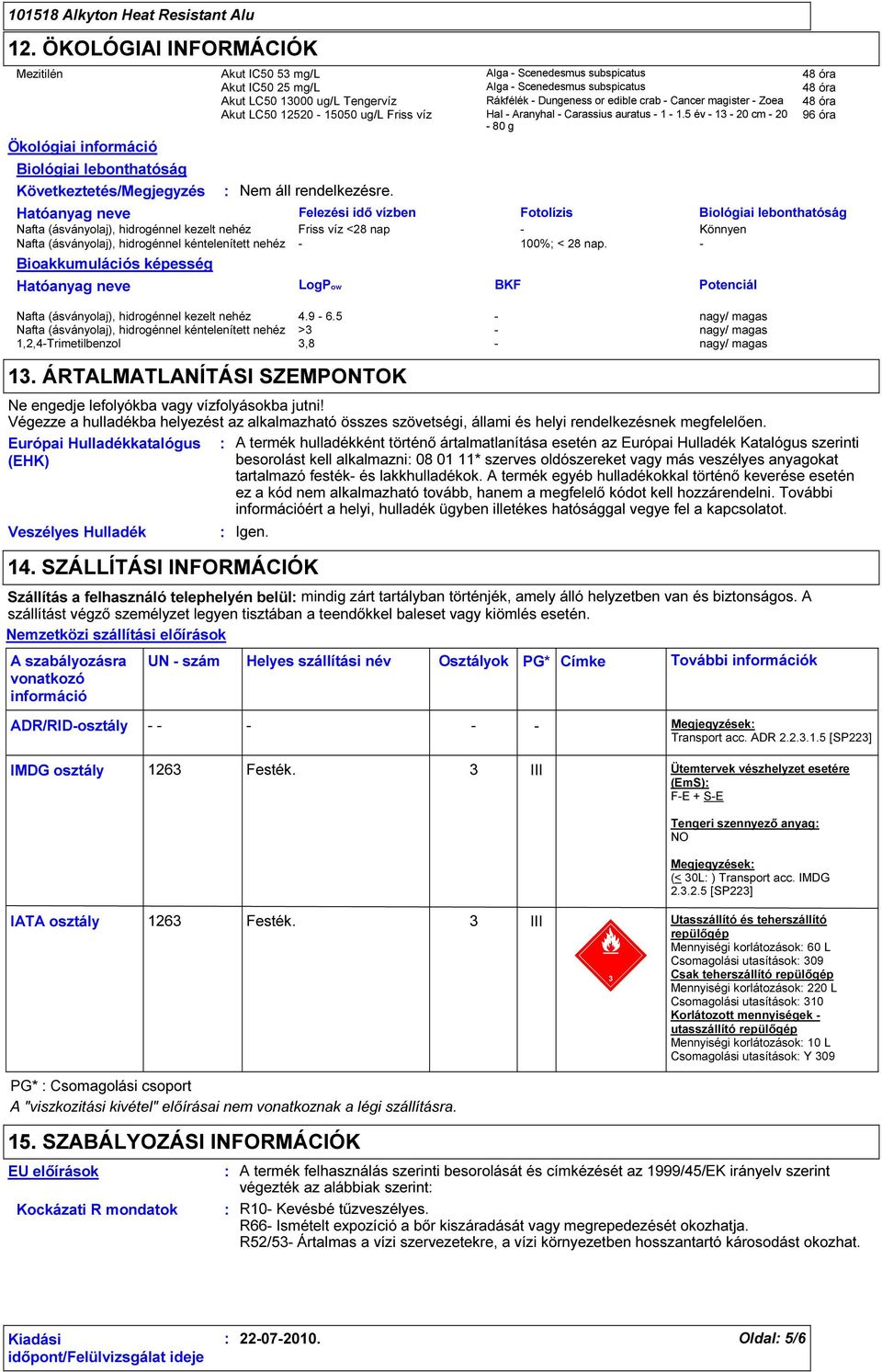 5 év - 13-20 cm - 20-80 g 96 óra Ökológiai információ Biológiai lebonthatóság Következtetés/Megjegyzés Nem áll rendelkezésre.