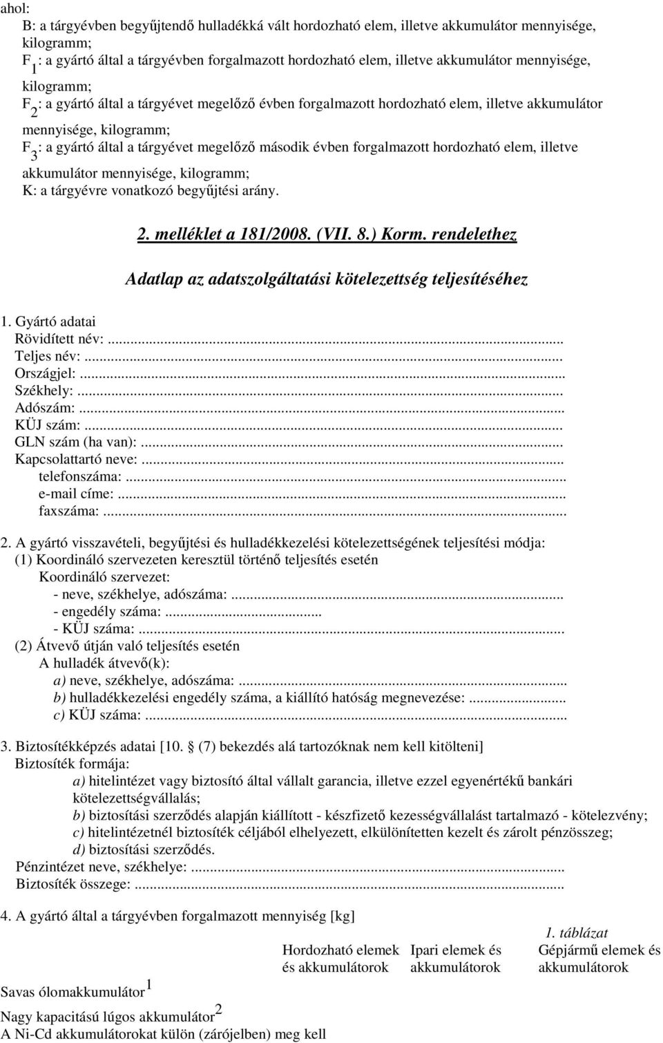 forgalmazott hordozható elem, illetve akkumulátor mennyisége, kilogramm; K: a tárgyévre vonatkozó begyőjtési arány. 2. melléklet a 181/2008. (VII. 8.) Korm.