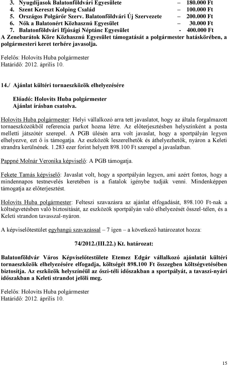000 Ft A Zenebarátok Köre Közhasznú Egyesület támogatását a polgármester hatáskörében, a polgármesteri keret terhére javasolja. Határidő: 2012. április 10. 14.