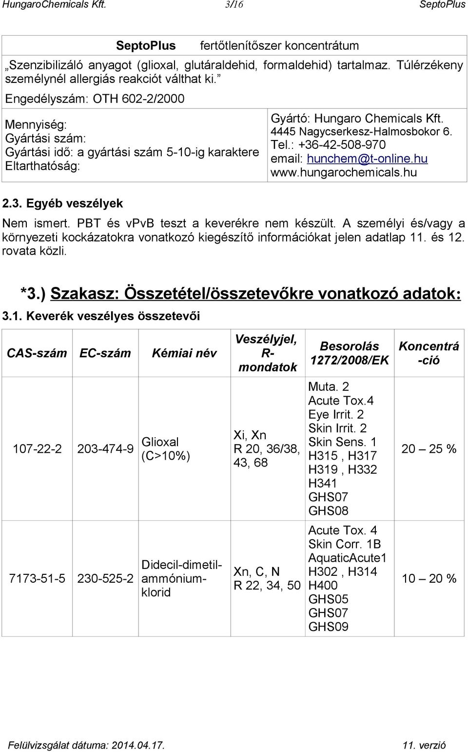 Egyéb veszélyek Gyártó: Hungaro Chemicals Kft. 4445 Nagycserkesz-Halmosbokor 6. Tel.: +36-42-508-970 email: hunchem@t-online.hu www.hungarochemicals.hu Nem ismert.