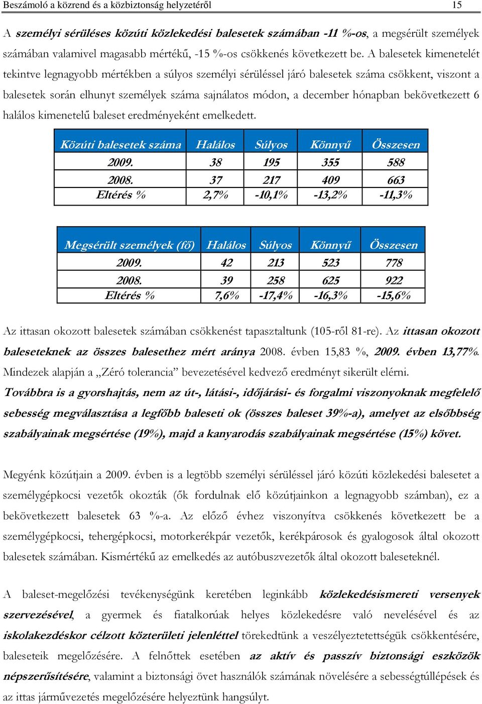 A balesetek kimenetelét tekintve legnagyobb mértékben a súlyos személyi sérüléssel járó balesetek száma csökkent, viszont a balesetek során elhunyt személyek száma sajnálatos módon, a december