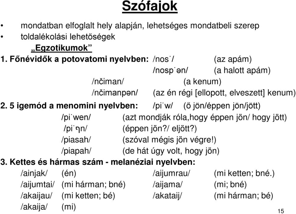 5 igemód a menomini nyelvben: /pi w/ (ő jön/éppen jön/jött) /pi wen/ (azt mondják róla,hogy éppen jön/ hogy jött) /pi ףn/ (éppen jön?/ eljött?