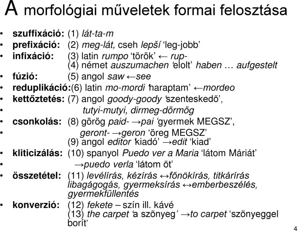 görög paid- pai gyermek MEGSZ, geront- geron öreg MEGSZ (9) angol editor kiadó edit kiad kliticizálás: (10) spanyol Puedo ver a Maria látom Máriát puedo verla látom őt összetétel: