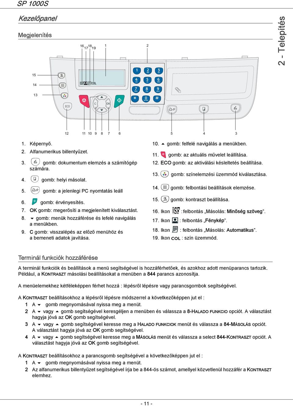 C gomb: visszalépés az előző menühöz és a bemeneti adatok javítása. 10. gomb: felfelé navigálás a menükben. 11. gomb: az aktuális művelet leállítása. 12.