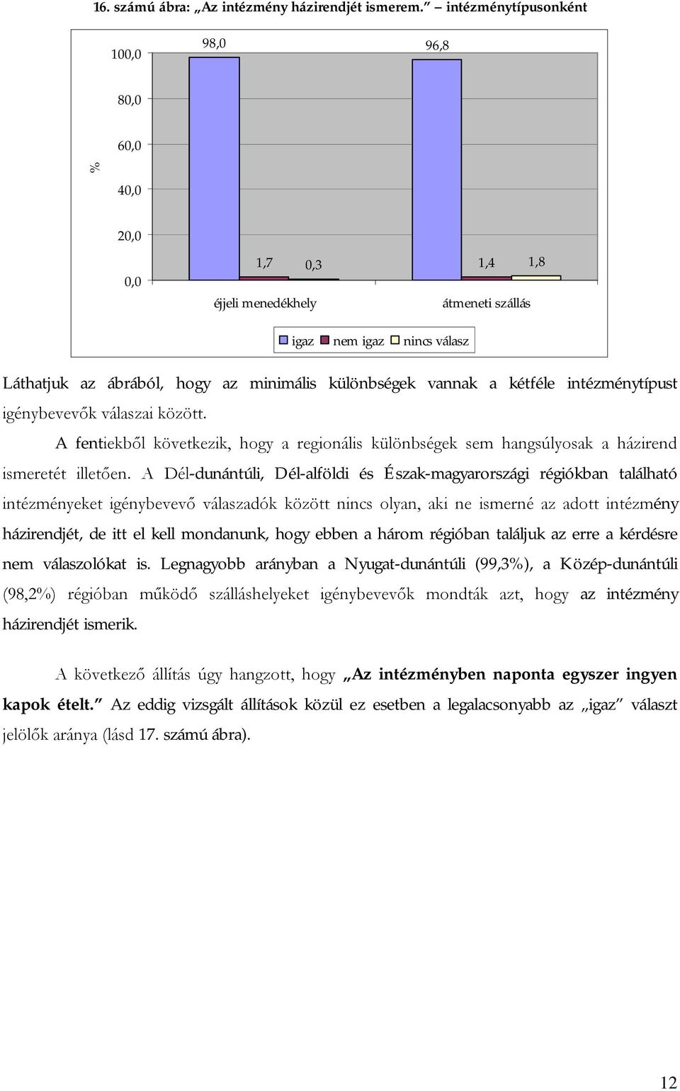 intézménytípust igénybevevők válaszai között. A fentiekből következik, hogy a regionális különbségek sem hangsúlyosak a házirend ismeretét illetően.