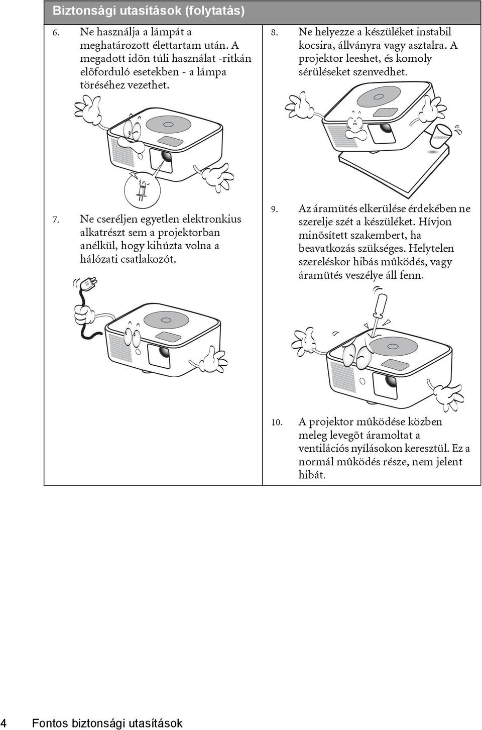 Ne cseréljen egyetlen elektronkius alkatrészt sem a projektorban anélkül, hogy kihúzta volna a hálózati csatlakozót. 9. Az áramütés elkerülése érdekében ne szerelje szét a készüléket.