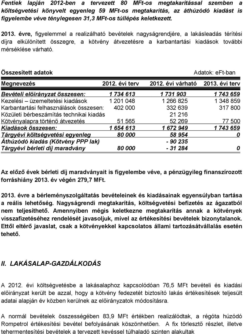 évre, figyelemmel a realizálható bevételek nagyságrendjére, a lakásleadás térítési díjra elkülönített összegre, a kötvény átvezetésre a karbantartási kiadások további mérséklése várható.