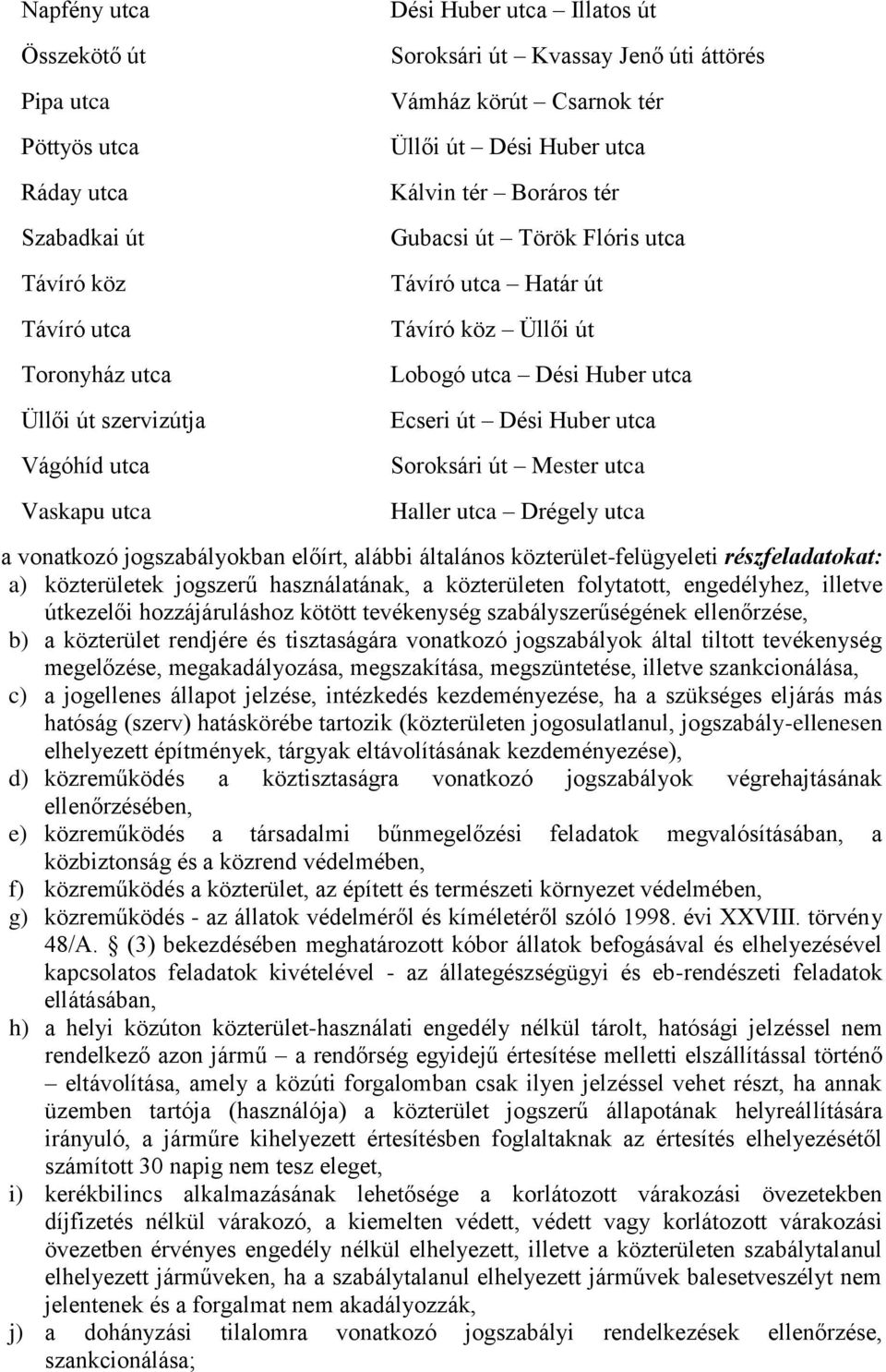 Ecseri út Dési Huber utca Soroksári út Mester utca Haller utca Drégely utca a vonatkozó jogszabályokban előírt, alábbi általános közterület-felügyeleti részfeladatokat: a) közterületek jogszerű