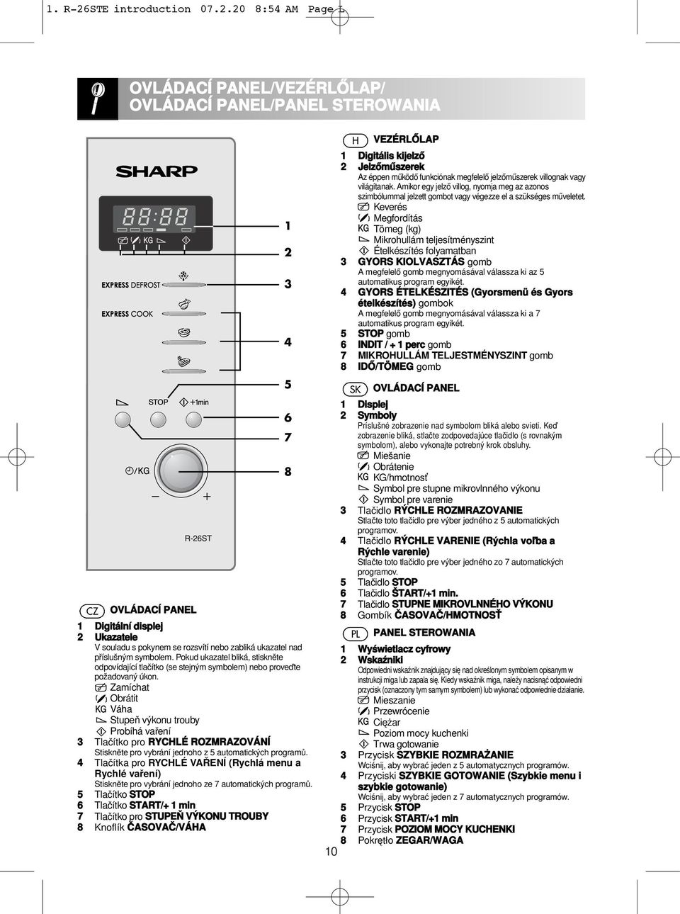 20 8:54 AM Page L OVLÁDACÍ PANEL/VEZÉRLŐLAP/ OVLÁDACÍ PANEL/PANEL STEROWANIA CZ OVLÁDACÍ PANEL 1 Digitální displej 2 Ukazatele V souladu s pokynem se rozsvítí nebo zabliká ukazatel nad příslušným