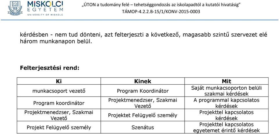 Program koordinátor Projektmenedzser, Szakmai A programmal kapcsolatos Vezető kérdések Projektmenedzser, Szakmai Projekttel