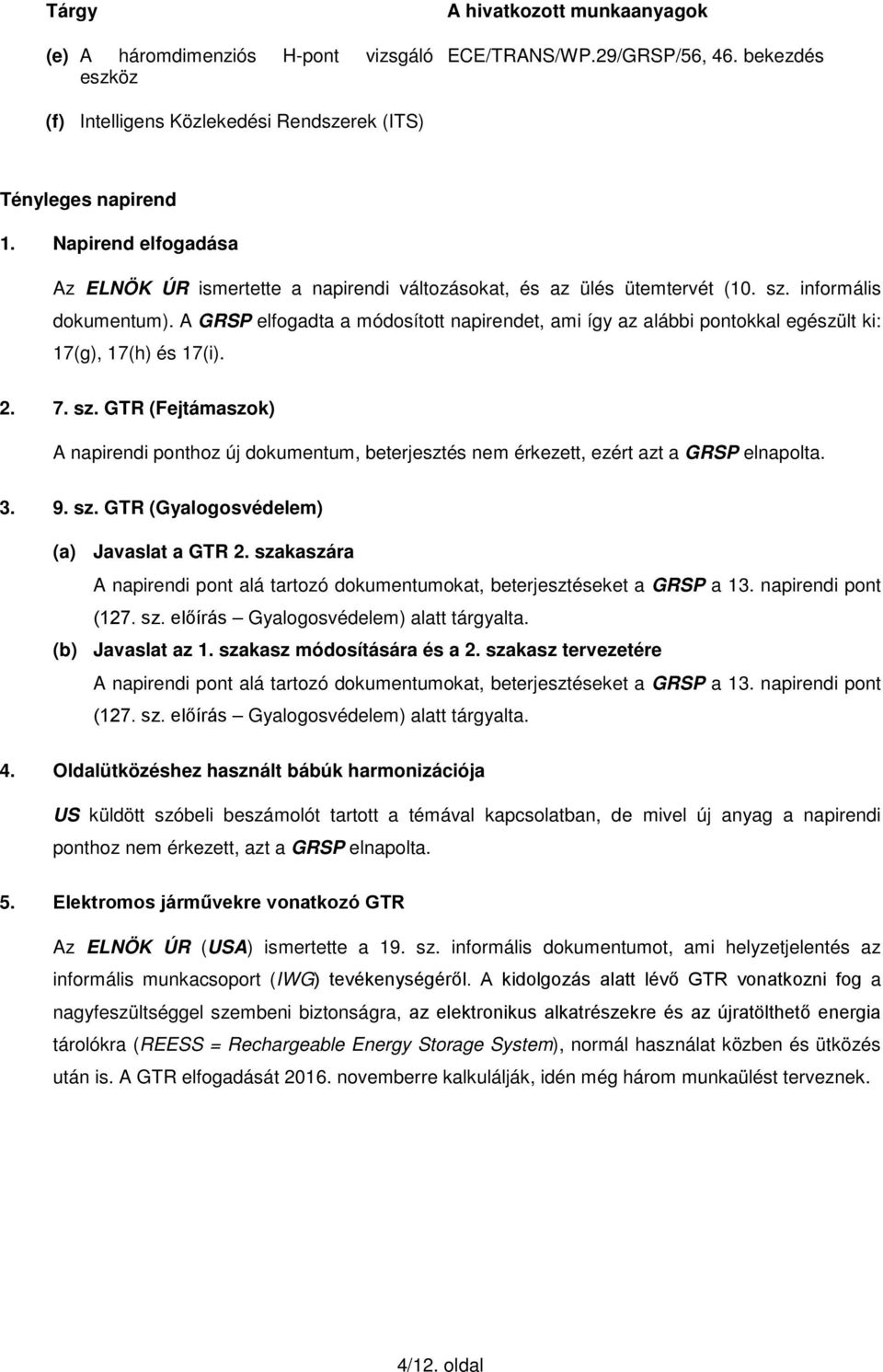 A GRSP elfogadta a módosított napirendet, ami így az alábbi pontokkal egészült ki: 17(g), 17(h) és 17(i). 2. 7. sz.