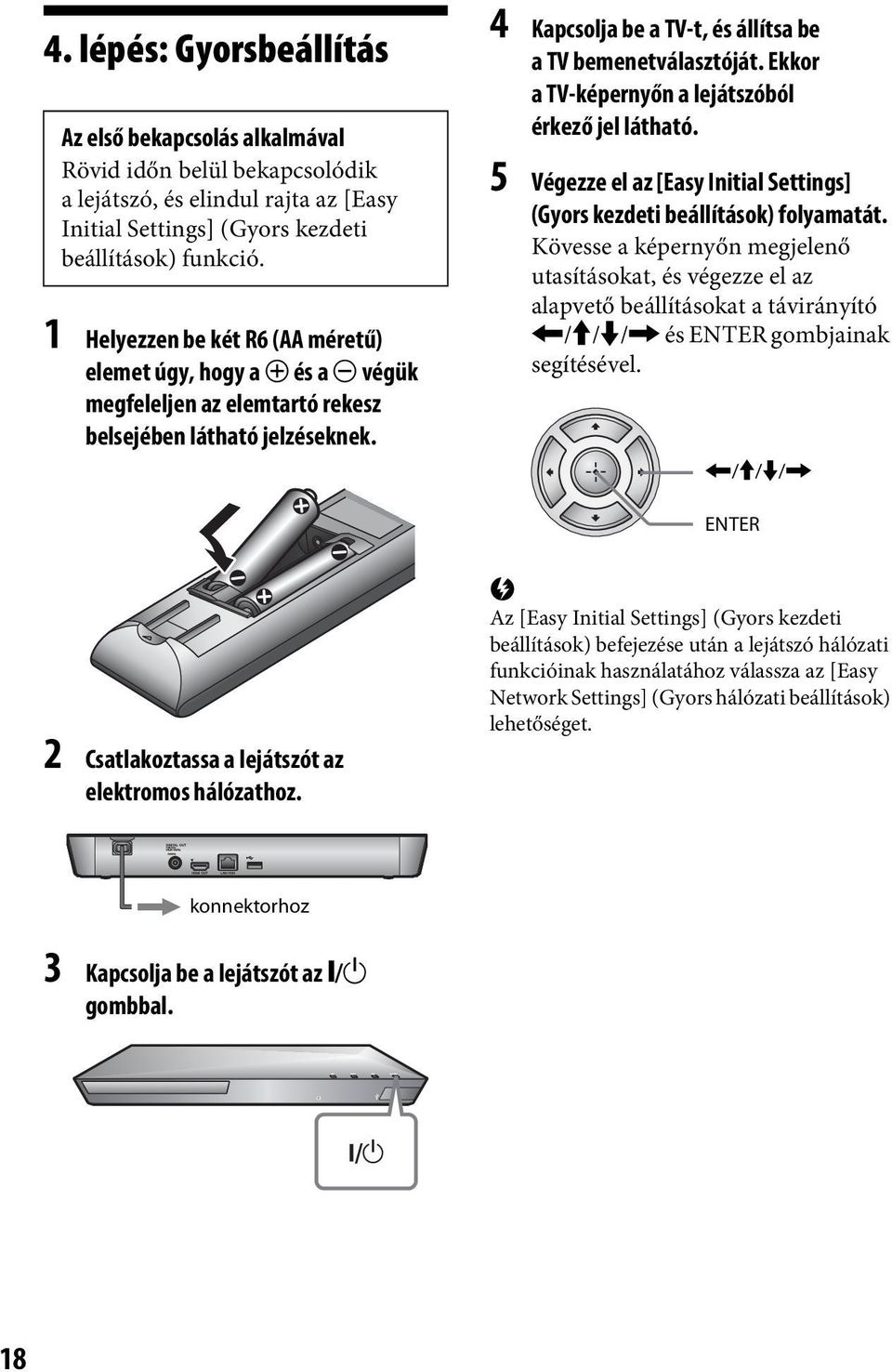 Ekkor a TV-képernyőn a lejátszóból érkező jel látható. 5 Végezze el az [Easy Initial Settings] (Gyors kezdeti beállítások) folyamatát.