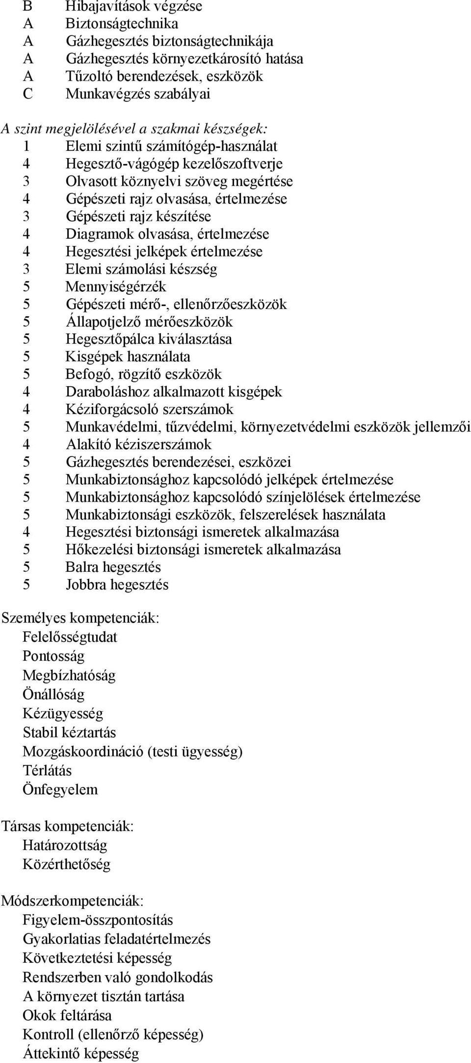 olvasása, értelmezése 4 Hegesztési jelképek értelmezése 3 Elemi számolási készség 5 Mennyiségérzék 5 Gépészeti mérő-, ellenőrzőeszközök 5 Állapotjelző mérőeszközök 5 Hegesztőpálca kiválasztása 5