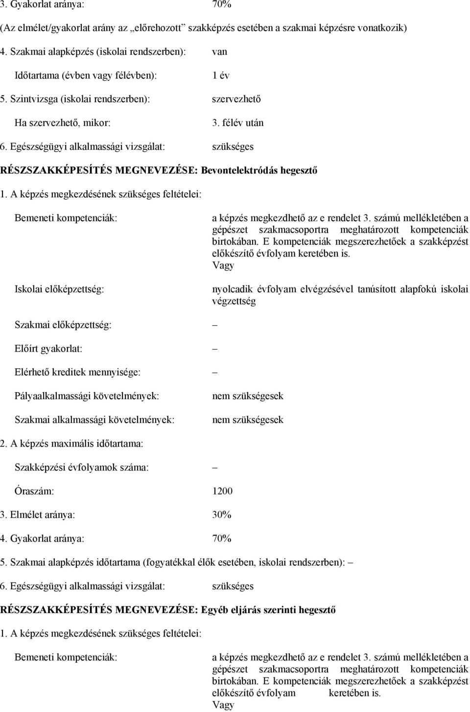 Egészségügyi alkalmassági vizsgálat: szükséges RÉSZSZKKÉPESÍTÉS MEGNEVEZÉSE: evontelektródás hegesztő 1.