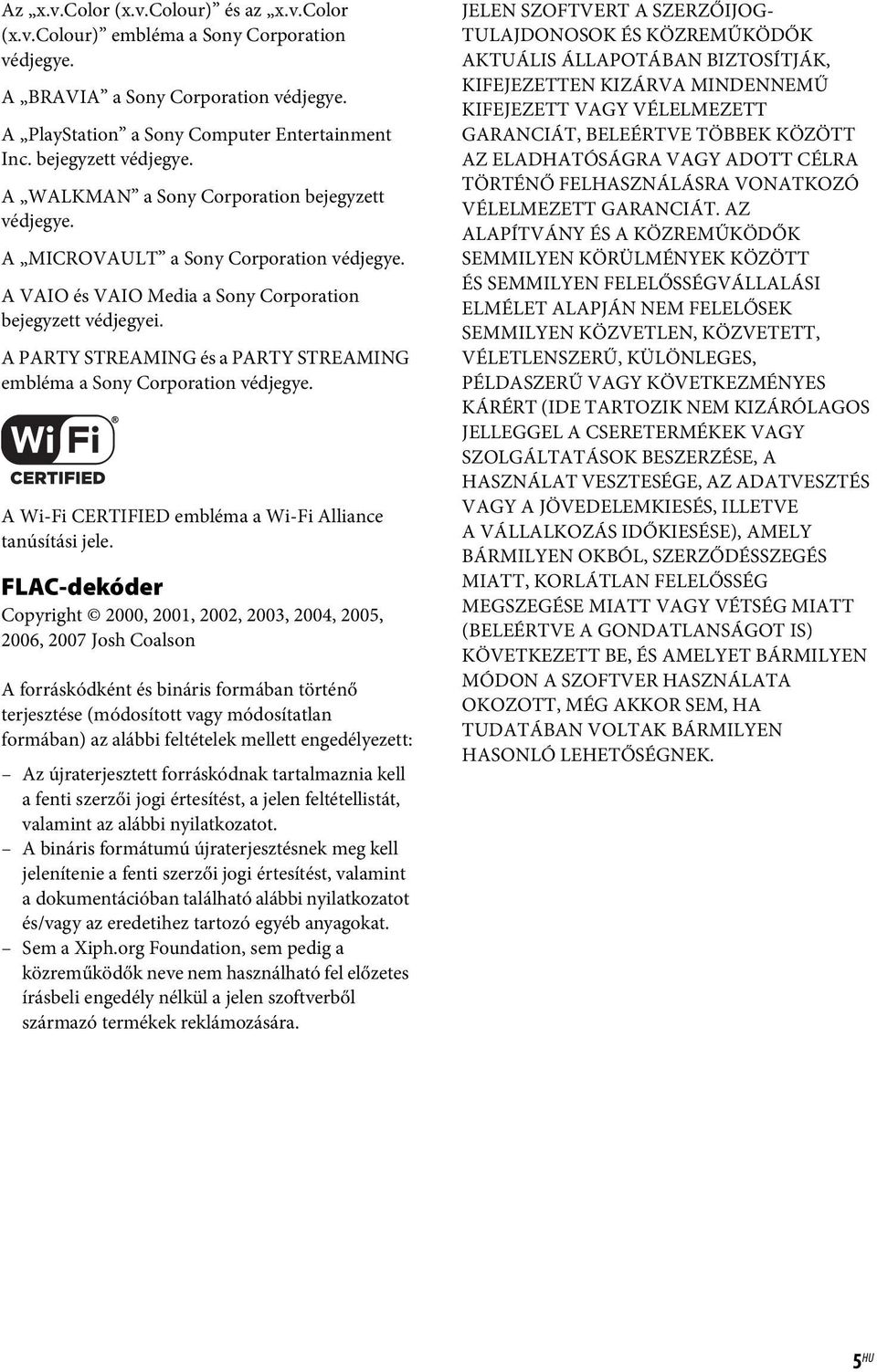 A PARTY STREAMING és a PARTY STREAMING embléma a Sony Corporation védjegye. A Wi-Fi CERTIFIED embléma a Wi-Fi Alliance tanúsítási jele.