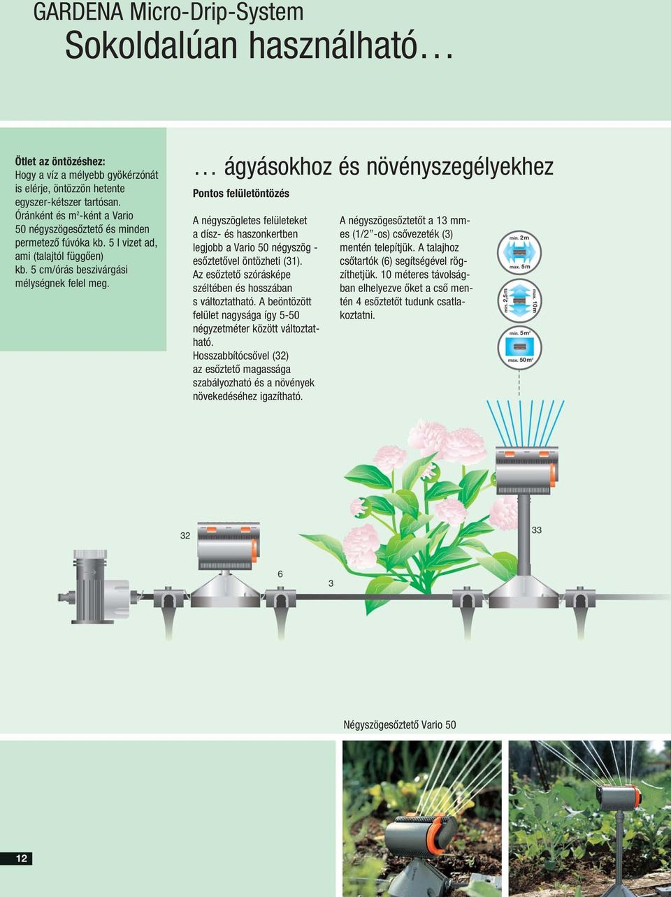 ágyásokhoz és növényszegélyekhez Pontos felületöntözés A négyszögletes felületeket a dísz- és haszonkertben legjobb a Vario 50 négyszög - esőztetővel öntözheti (31).