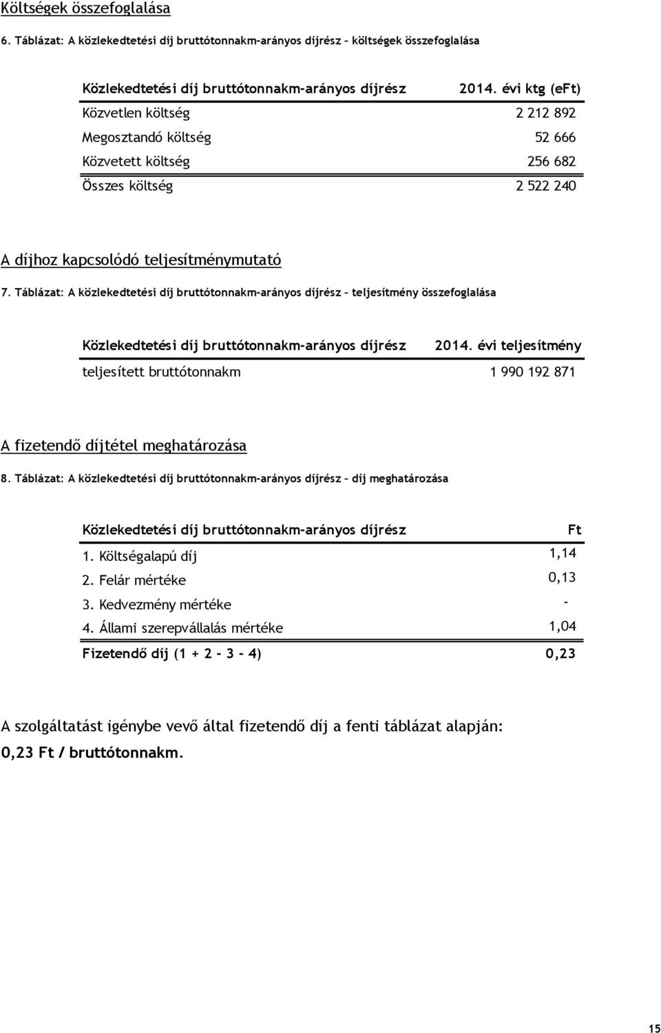 Táblázat: A közlekedtetési díj bruttótonnakm-arányos díjrész teljesítmény összefoglalása Közlekedtetési díj bruttótonnakm-arányos díjrész 2014.