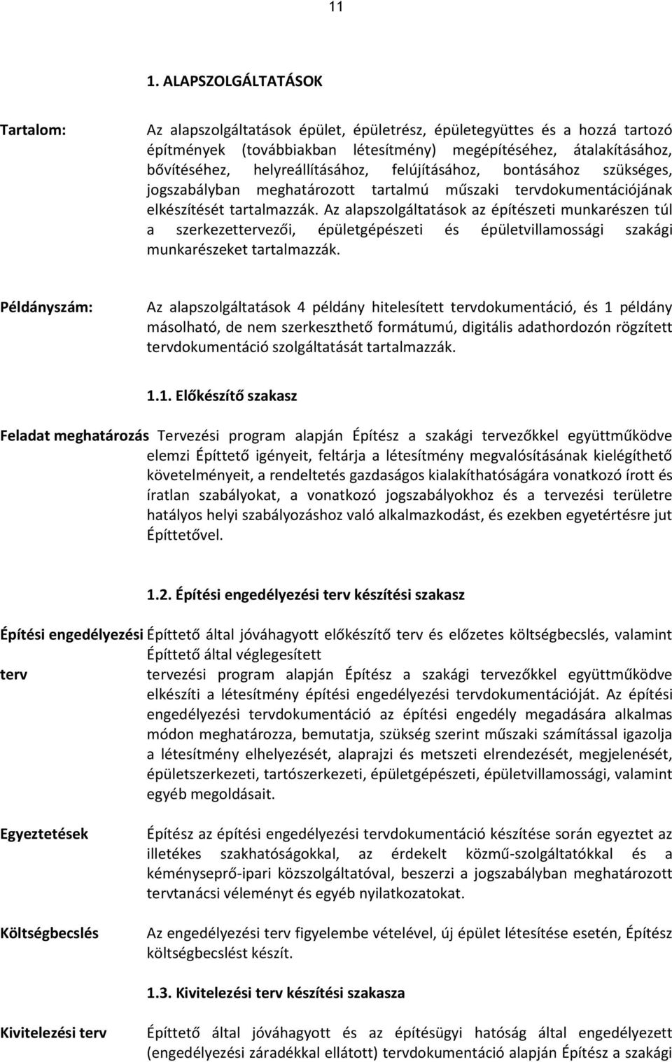 Az alapszolgáltatások az építészeti munkarészen túl a szerkezettervezői, épületgépészeti és épületvillamossági szakági munkarészeket tartalmazzák.