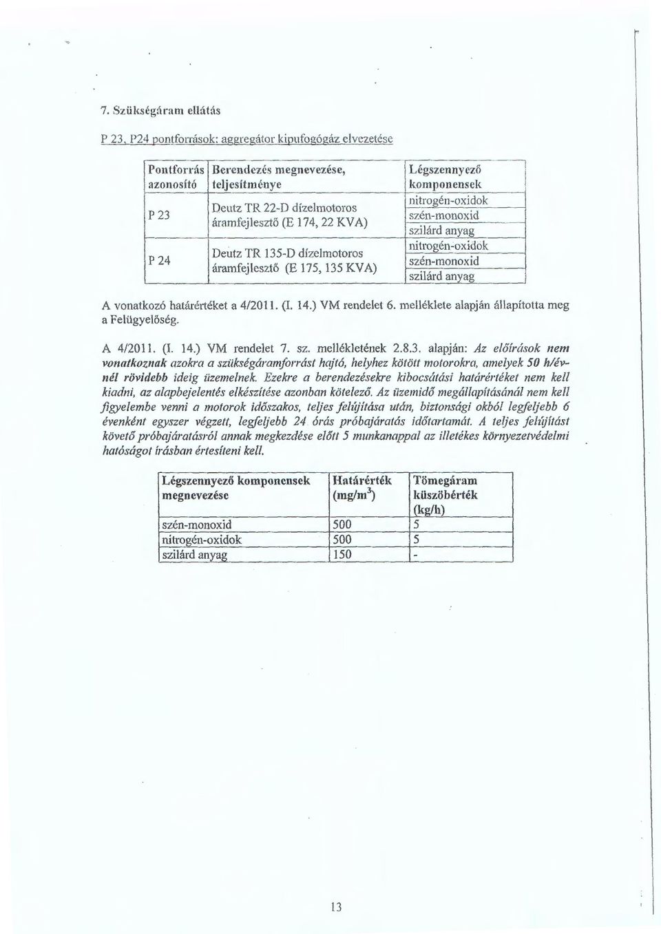 nitrogén-oxi<ok Deutz TR 135-D dízemotoros szén-monoxid áramfejesztő (E 175, 135 KVA) sziárd anyag! A vonatkozó határértéket a 4/2011. (I. 14.) VM rendeet 6. meékete aapján áapította meg a Feügyeőség.