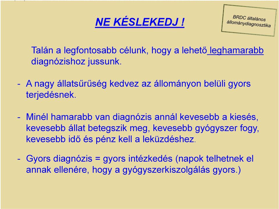 - Minél hamarabb van diagnózis annál kevesebb a kiesés, kevesebb állat betegszik meg, kevesebb gyógyszer