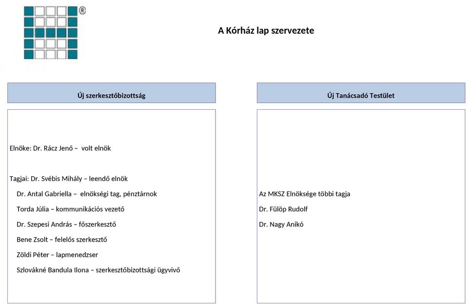 Antal Gabriella elnökségi tag, pénztárnok Torda Júlia kommunikációs vezető Dr.