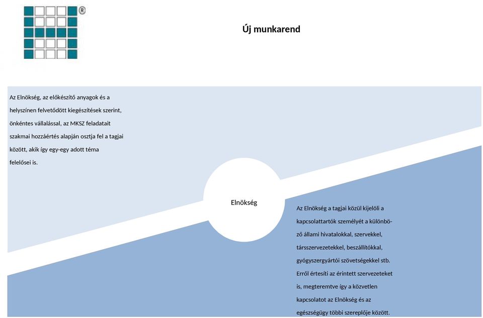 Elnökség Az Elnökség a tagjai közül kijelöli a kapcsolattartók személyét a különböző állami hivatalokkal, szervekkel, társszervezetekkel,