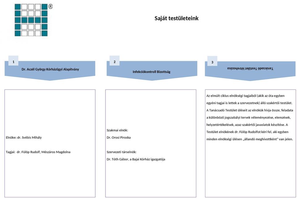 szervezetnek) álló szakértői testület. A Tanácsadó Testület üléseit az elnökük hívja össze, feladata a különböző jogszabályi tervek véleményezése, elemzések, Elnöke: dr.