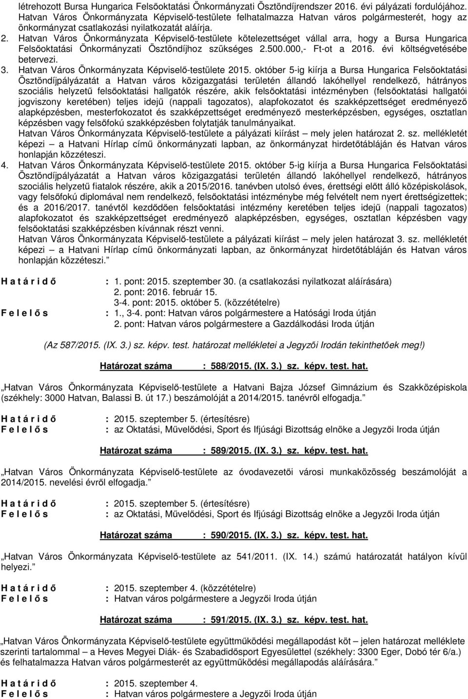 Hatvan Város Önkormányzata Képviselő-testülete kötelezettséget vállal arra, hogy a Bursa Hungarica Felsőoktatási Önkormányzati Ösztöndíjhoz szükséges 2.500.000,- Ft-ot a 2016.