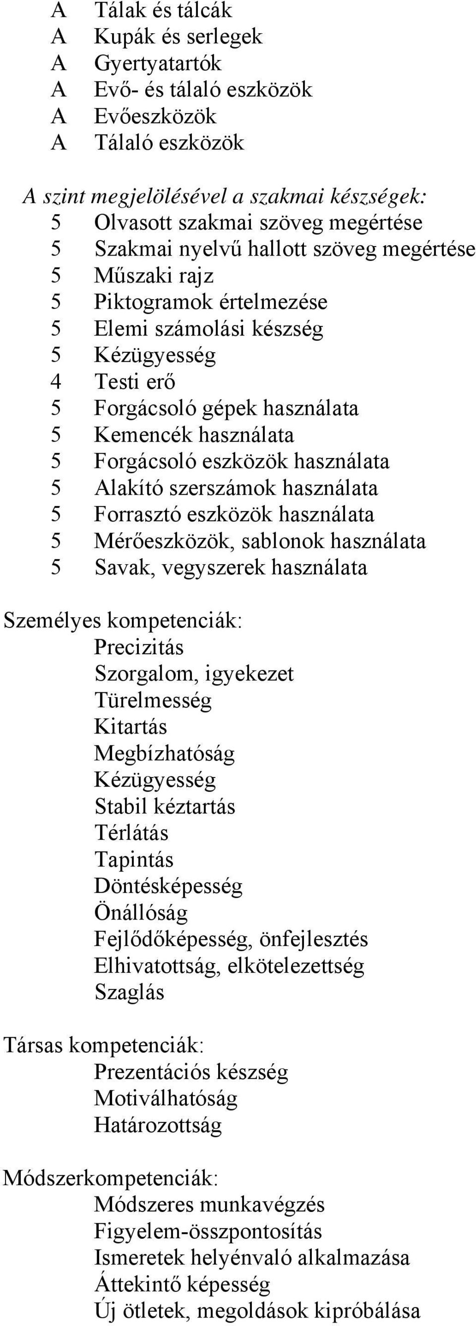 használata 5 lakító szerszámok használata 5 Forrasztó eszközök használata 5 Mérőeszközök, sablonok használata 5 Savak, vegyszerek használata Személyes kompetenciák: Precizitás Szorgalom, igyekezet