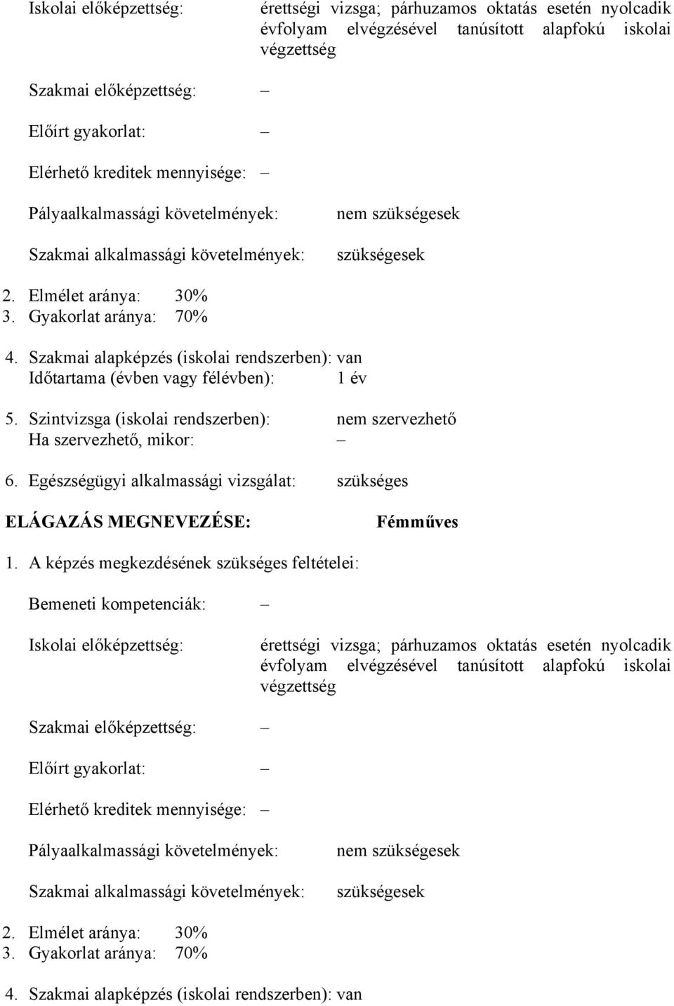 Szakmai alapképzés (iskolai rendszerben): van Időtartama (évben vagy félévben): 1 év 5. Szintvizsga (iskolai rendszerben): nem szervezhető Ha szervezhető, mikor: 6.