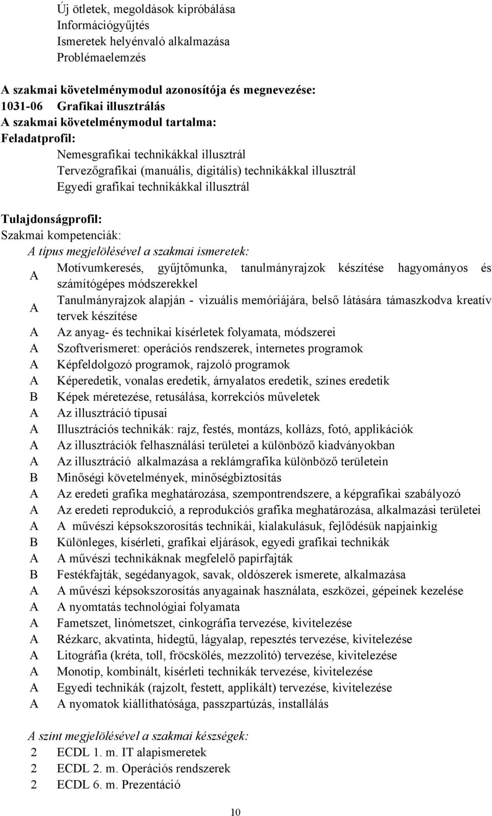 Tulajdonságprofil: Szakmai kompetenciák: A típus megjelölésével a szakmai ismeretek: Motívumkeresés, gyűjtőmunka, tanulmányrajzok készítése hagyományos és A számítógépes módszerekkel Tanulmányrajzok