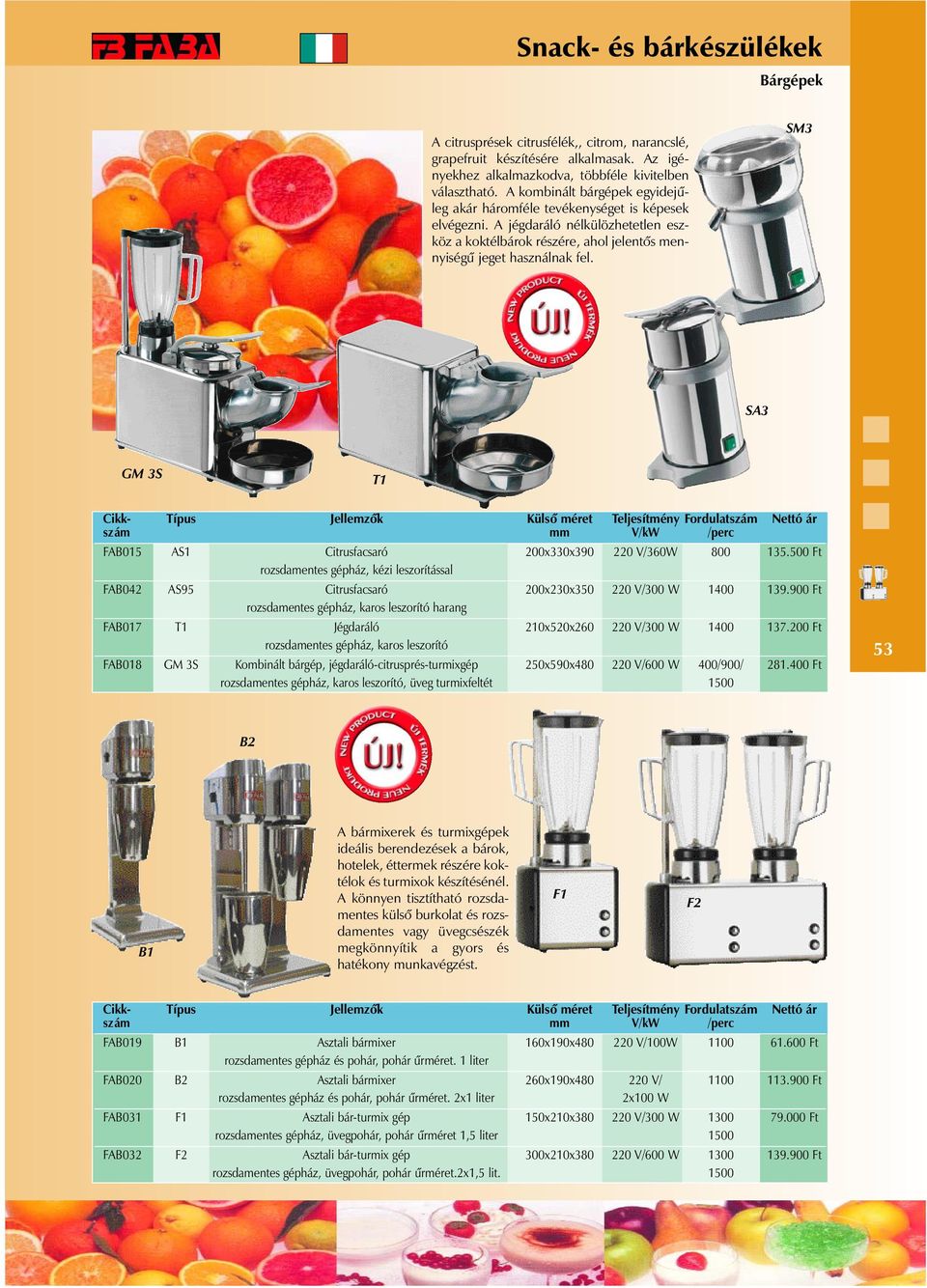 SM3 SA3 GM 3S T1 Cikk- Típus Jellemzõk Külsõ méret Teljesítmény Fordulatszám Nettó ár /perc FAB015 AS1 Citrusfacsaró 200x330x390 220 V/360W 800 135.