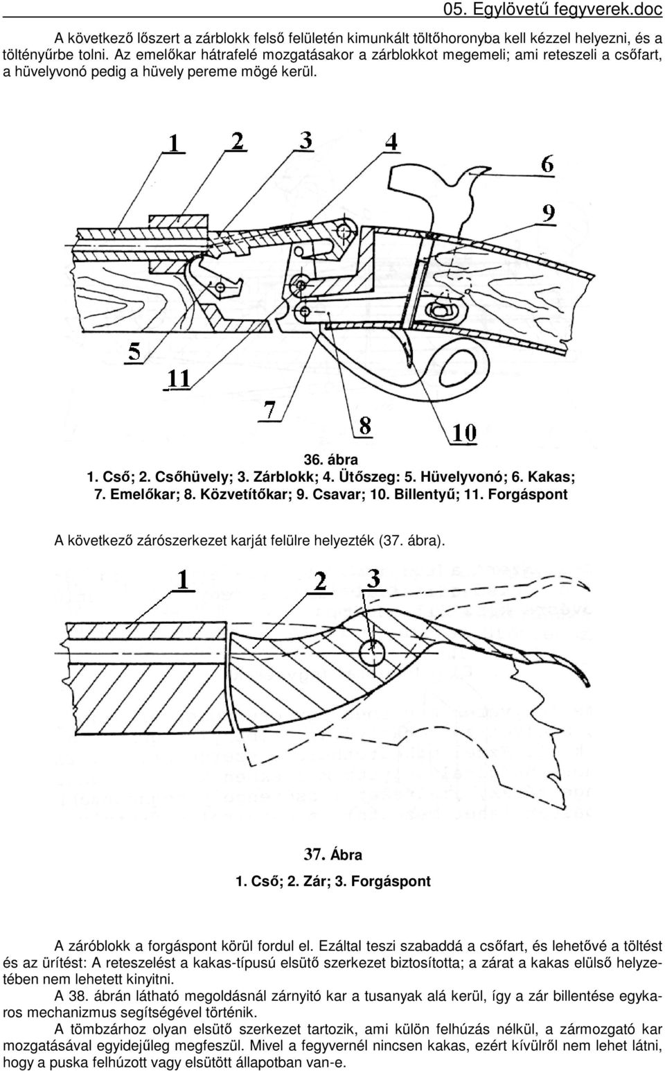 Hüvelyvonó; 6. Kakas; 7. Emelőkar; 8. Közvetítőkar; 9. Csavar; 10. Billentyű; 11. Forgáspont A következő zárószerkezet karját felülre helyezték (37. ábra). 37. Ábra 1. Cső; 2. Zár; 3.
