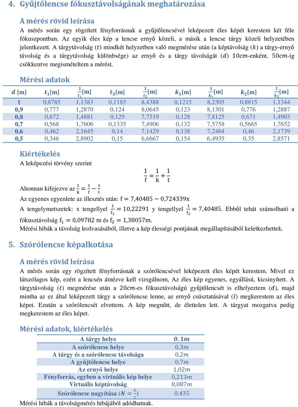 A tárgytávolság () mindkét helyzetben való megmérése után (a képtávolság () a tárgy-ernyő távolság és a tárgytávolság különbsége) az ernyő és a tárgy távolságát () 10-enként, 50-ig csökkentve