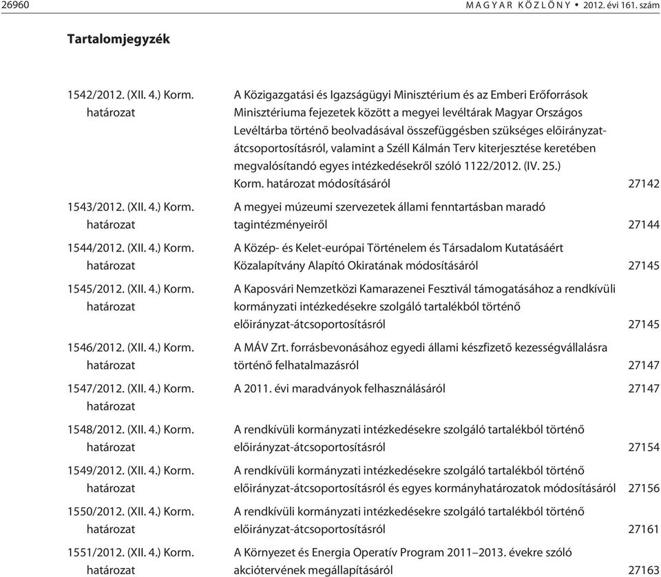 határozat 1547/2012.  határozat 1548/2012.  határozat 1549/2012.  határozat 1550/2012.  határozat 1551/2012.