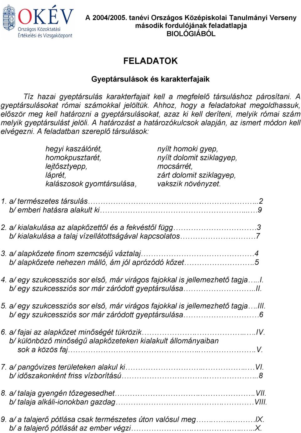 társuláshoz párosítani. A gyeptársulásokat római számokkal jelöltük.