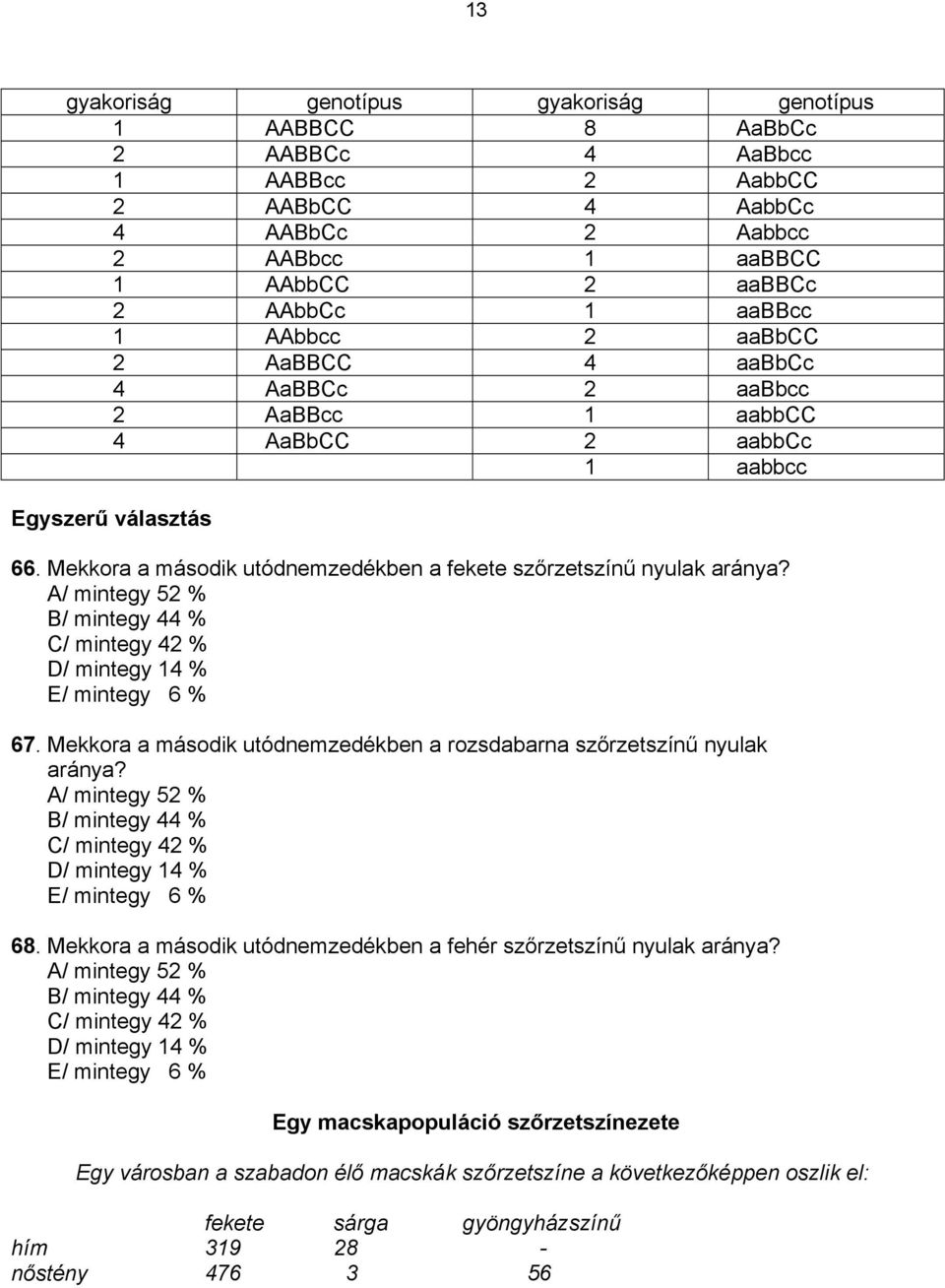 A/ mintegy 52 % B/ mintegy 44 % C/ mintegy 42 % D/ mintegy 14 % E/ mintegy 6 % 67. Mekkora a második utódnemzedékben a rozsdabarna szőrzetszínű nyulak aránya?