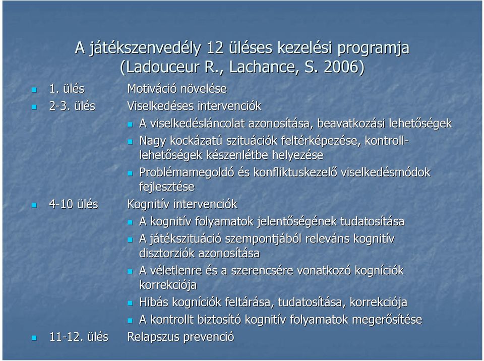 helyezése Problémamegold mamegoldó és s konfliktuskezelı viselkedésm smódok fejlesztése se 4-10 ülés Kognitív v intervenciók A kognitív v folyamatok jelentıségének nek tudatosítása sa A játékszituj