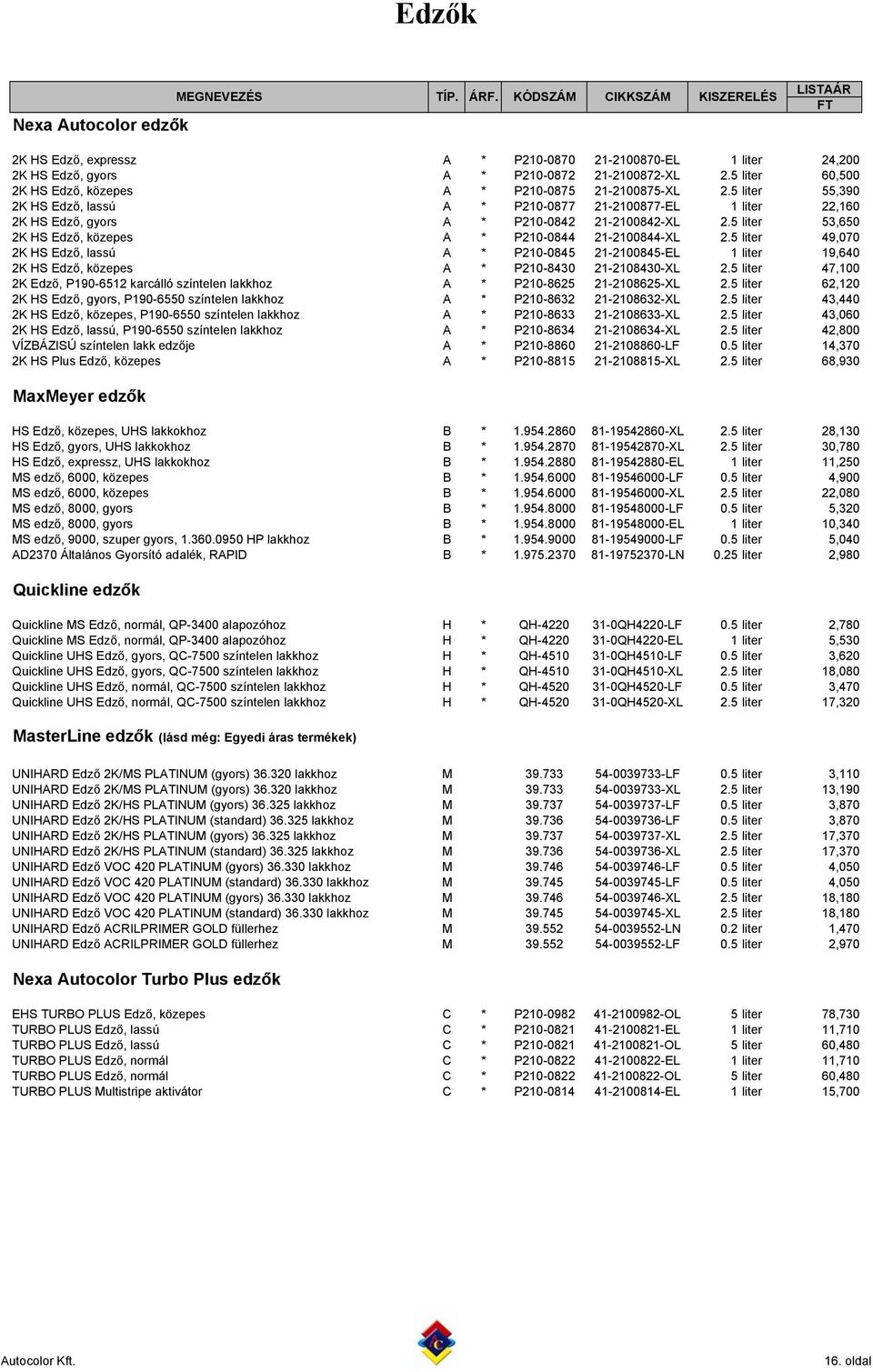 5 liter 53,650 2K HS Edző, közepes A * P210-0844 21-2100844-XL 2.5 liter 49,070 2K HS Edző, lassú A * P210-0845 21-2100845-EL 1 liter 19,640 2K HS Edző, közepes A * P210-8430 21-2108430-XL 2.