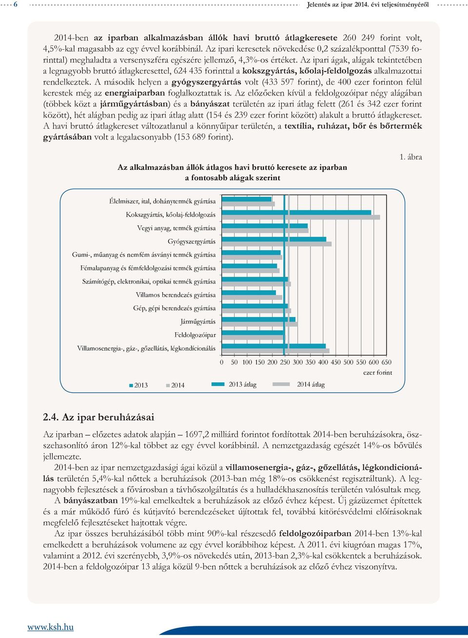 Az ipari ágak, alágak tekintetében a legnagyobb bruttó átlagkeresettel, 624 435 forinttal a kokszgyártás, kőolaj-feldolgozás alkalmazottai rendelkeztek.