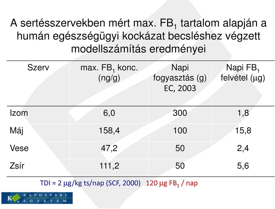 modellszámítás eredményei Szerv max. FB 1 konc.