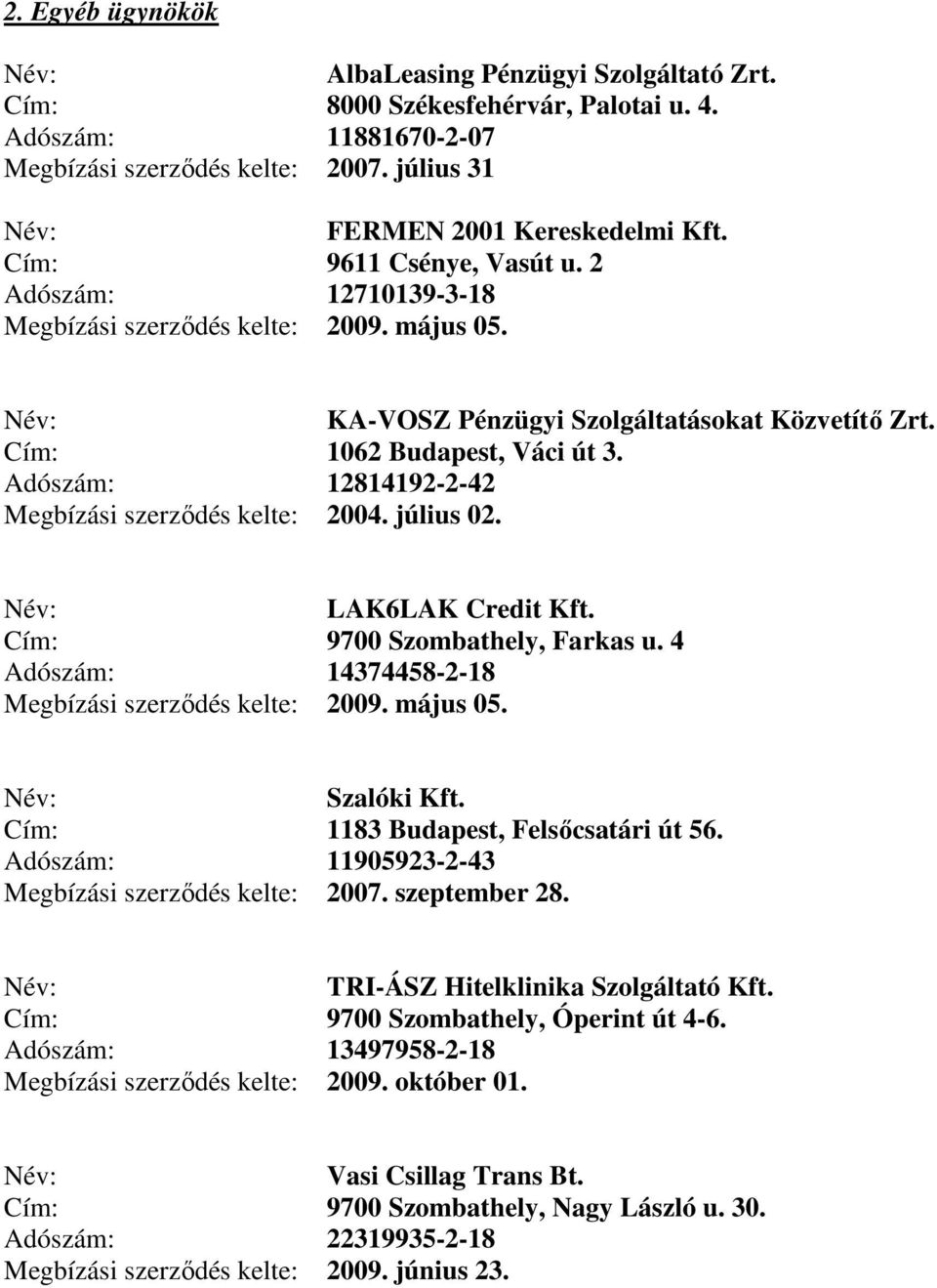 Adószám: 12814192-2-42 Megbízási szerzıdés kelte: 2004. július 02. LAK6LAK Credit Kft. Cím: 9700 Szombathely, Farkas u. 4 Adószám: 14374458-2-18 Megbízási szerzıdés kelte: 2009. május 05. Szalóki Kft.