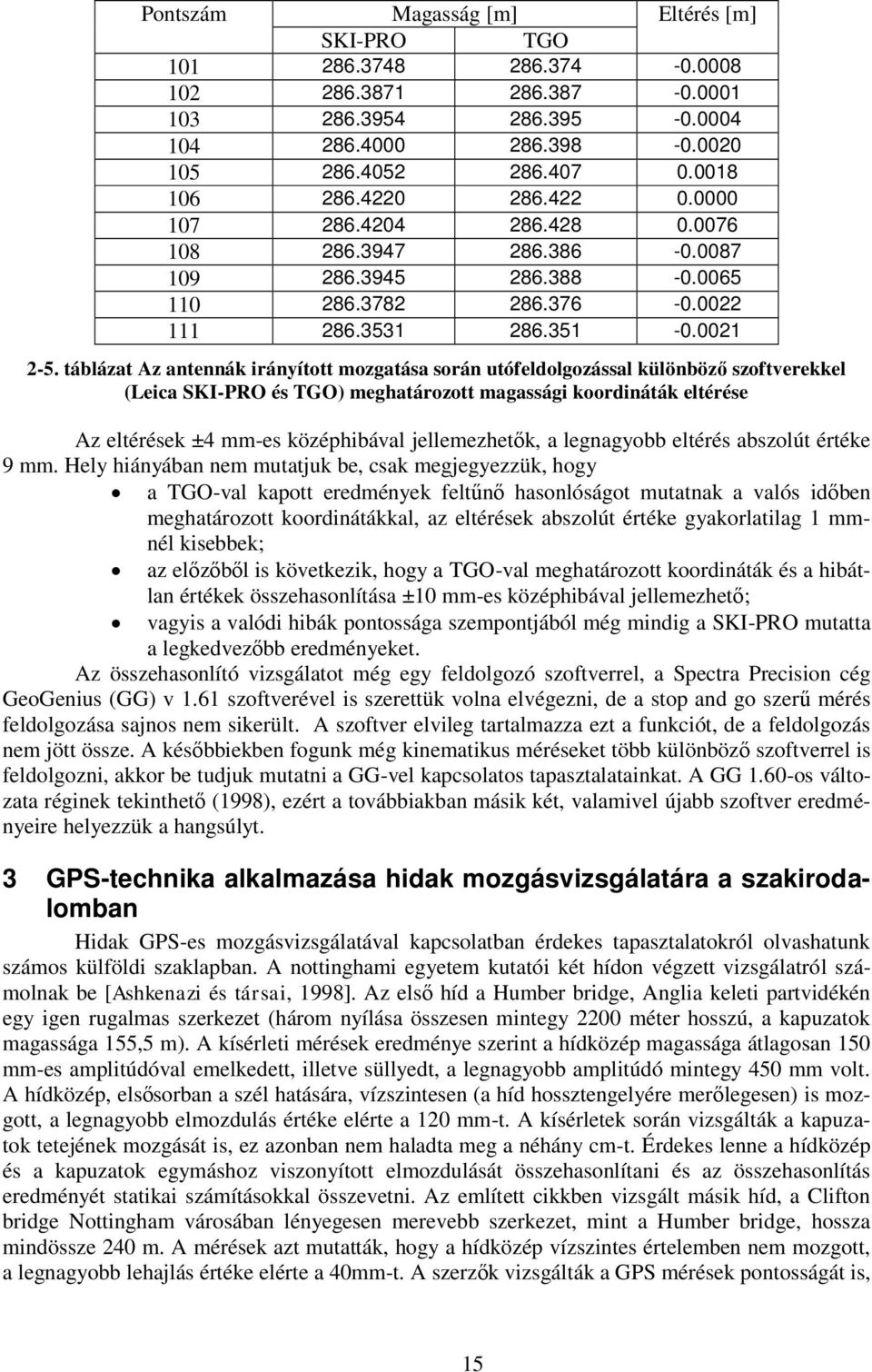 táblázat Az antennák irányított mozgatása során utófeldolgozással különböző szoftverekkel (Leica SKI-PRO és TGO) meghatározott magassági koordináták eltérése Az eltérések ±4 mm-es középhibával