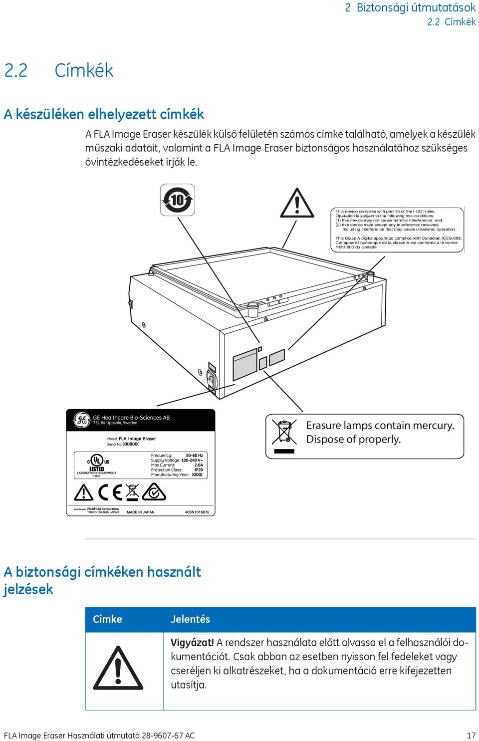 Image Eraser biztonságos használatához szükséges óvintézkedéseket írják le. Erasure lamps contain mercury. Dispose of properly.