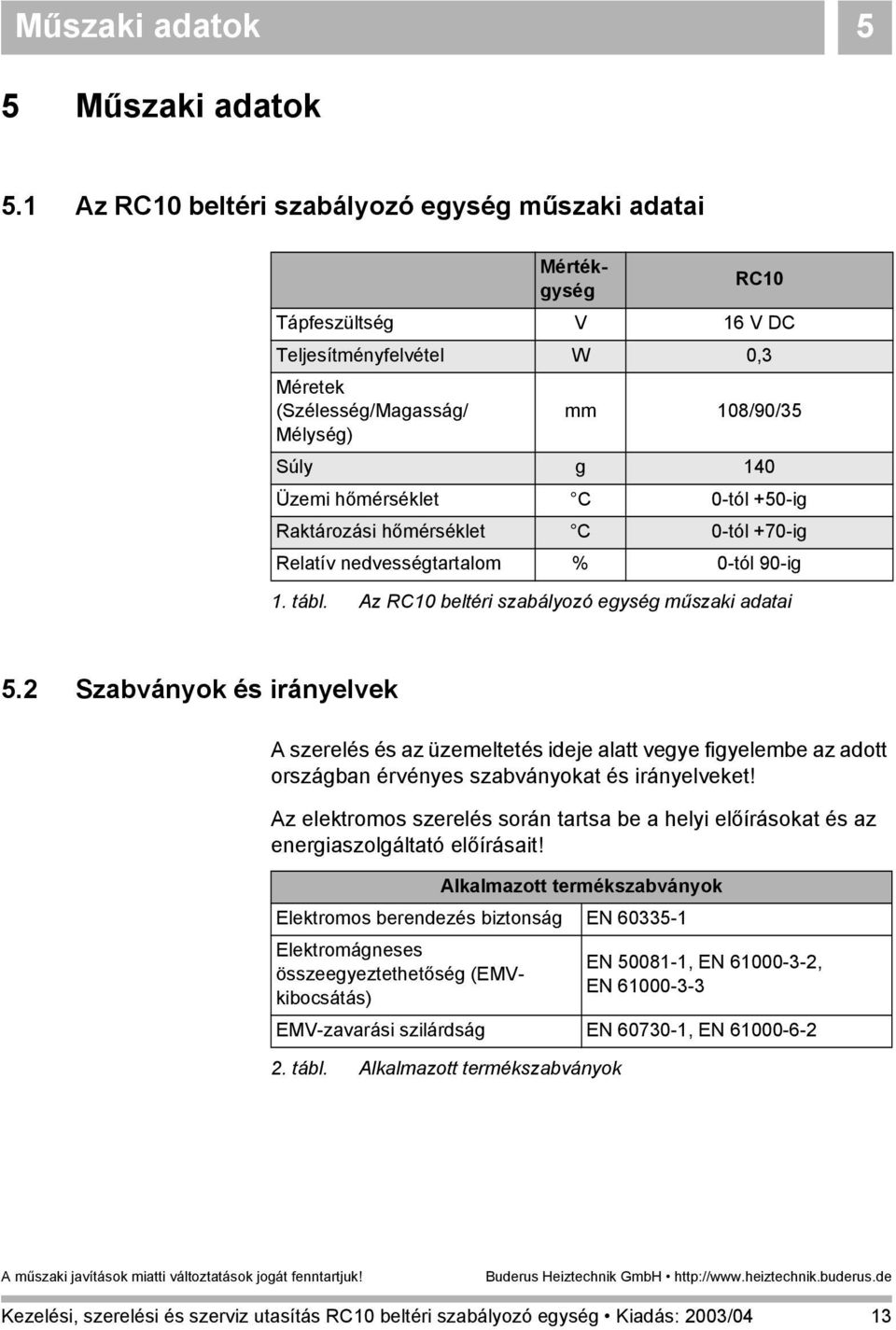 C 0-tól +50-ig Raktározási hőmérséklet C 0-tól +70-ig Relatív nedvességtartalom % 0-tól 90-ig 1. tábl. Az RC10 beltéri szabályozó egység műszaki adatai 5.