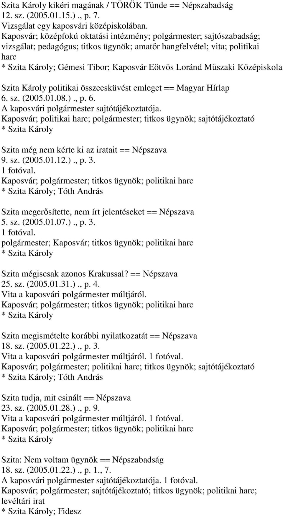 Középiskola Szita Károly politikai összeesküvést emleget == Magyar Hírlap 6. sz. (2005.01.08.)., p. 6. A kaposvári polgármester sajtótájékoztatója.