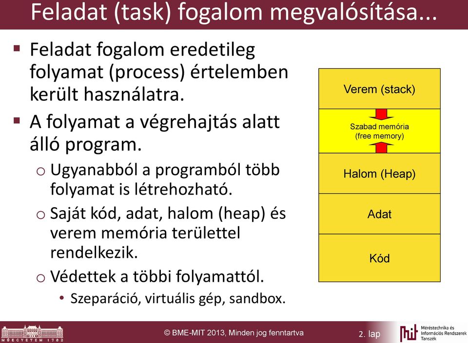 o Saját kód, adat, halom (heap) és verem memória területtel rendelkezik. o Védettek a többi folyamattól.