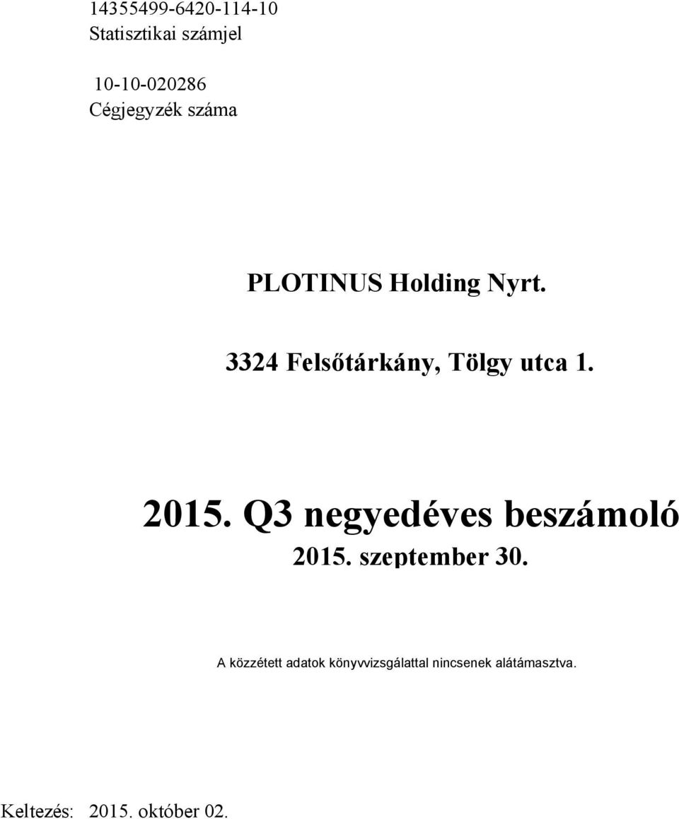 Q3 negyedéves beszámoló 2015. szeptember 30.