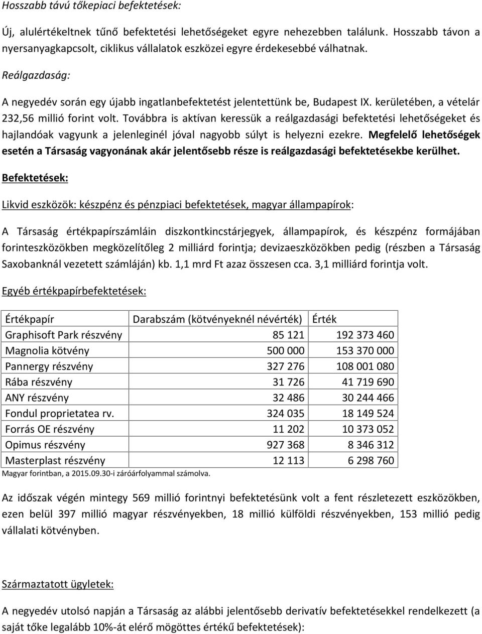 kerületében, a vételár 232,56 millió forint volt. Továbbra is aktívan keressük a reálgazdasági befektetési lehetőségeket és hajlandóak vagyunk a jelenleginél jóval nagyobb súlyt is helyezni ezekre.