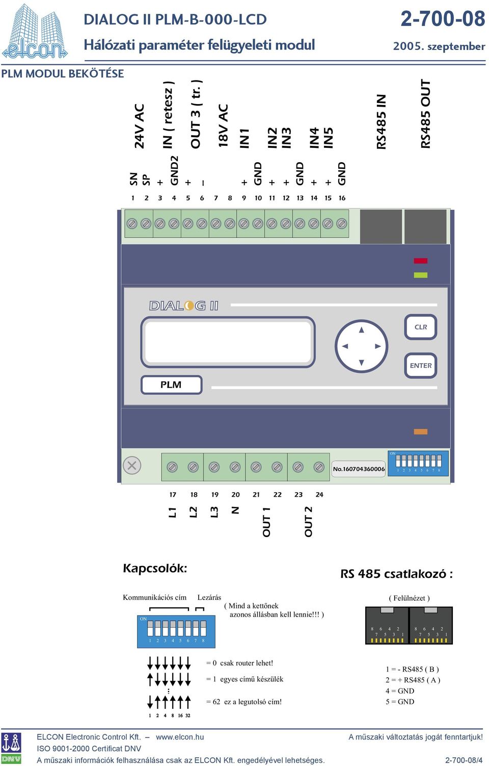 160704360006 1 2 3 4 5 6 7 8 17 18 19 20 21 22 23 24 L1 L2 L3 N OUT 1 OUT 2 Kapcsolók: RS 485 csatlakozó : Kommunikációs cím ON Lezárás ( Mind a kettőnek azonos